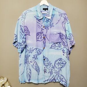 True Grit Linen Hawaiian Shirt Mens Size Large Blue Purple Ombre Button Up READ